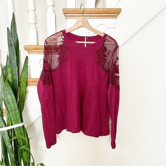Free People Wine Daniella Lace Embroidered Illusion Shoulder Long Sleeve Top S - Picture 2 of 7